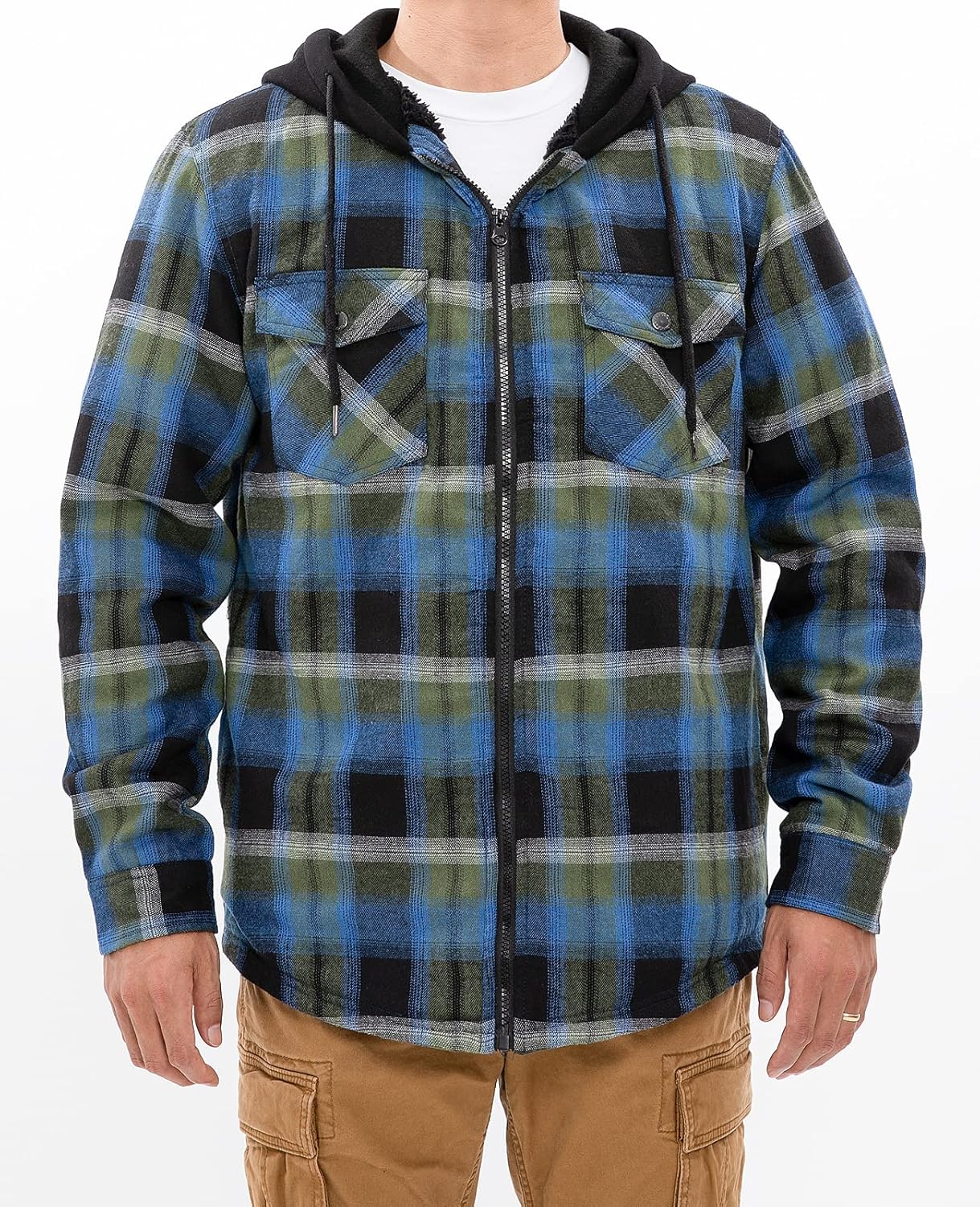 Men's Sherpa Lined Full Zip Hooded Plaid Shirt Jacket