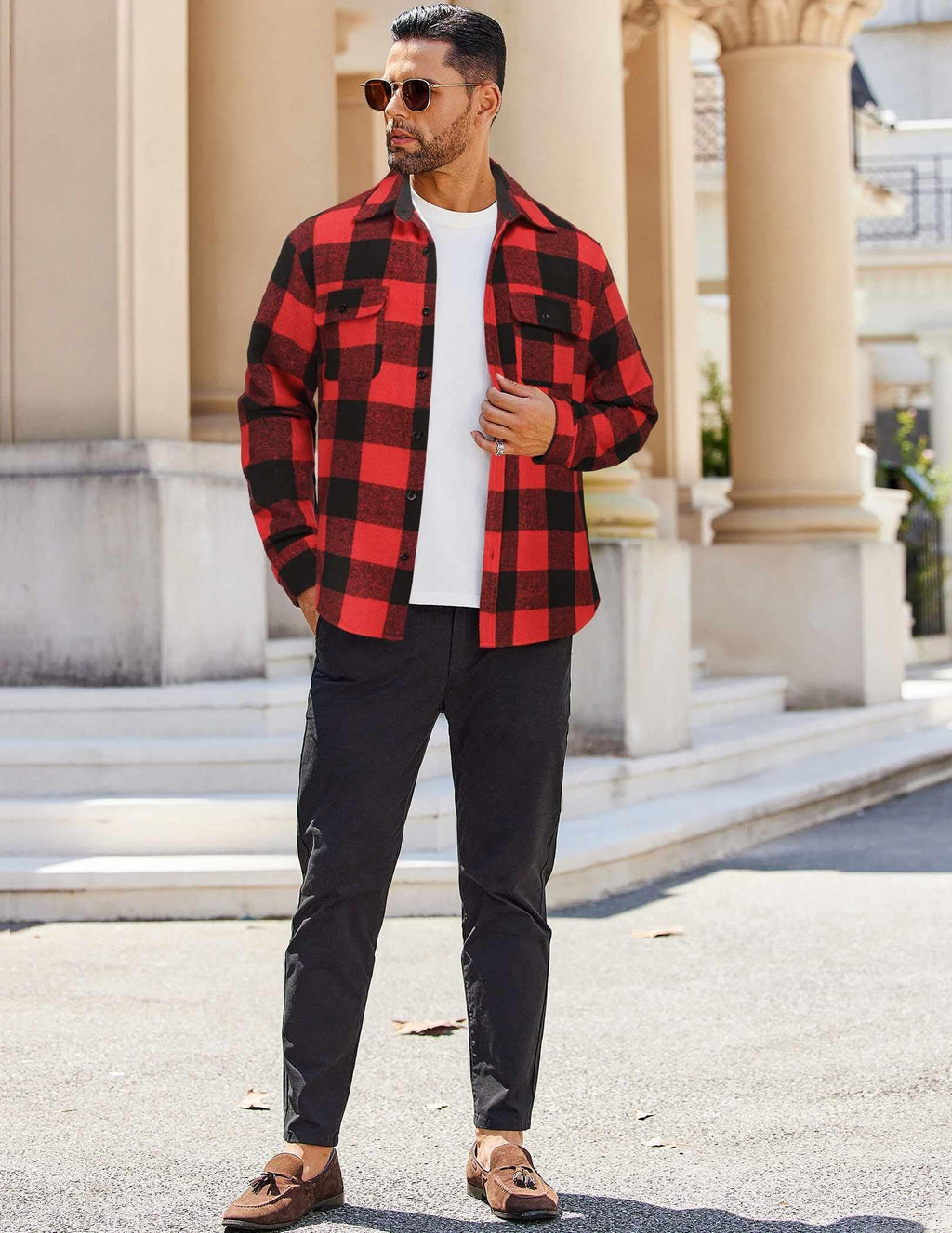 Mens Cotton Plaid Flannel Shirt Jacket Long Sleeve Casual Work Shirt