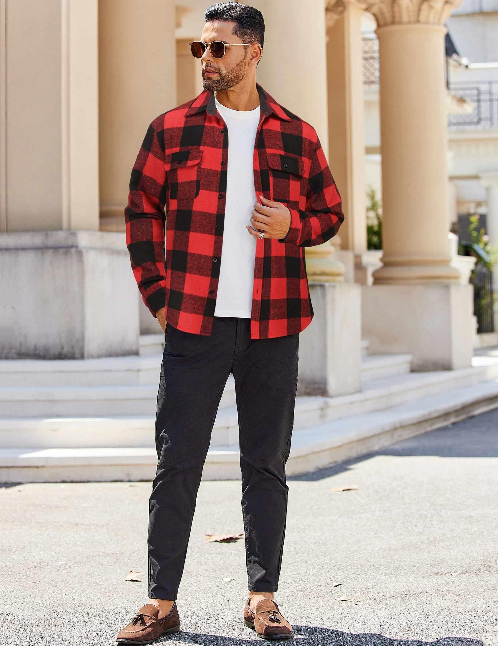 Mens Cotton Plaid Flannel Shirt Jacket Long Sleeve Casual Work Shirt