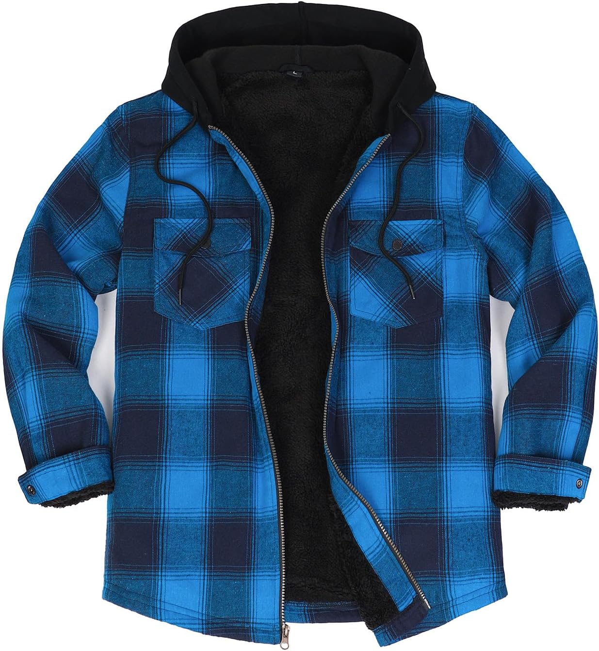Men's Sherpa Lined Full Zip Hooded Plaid Shirt Jacket