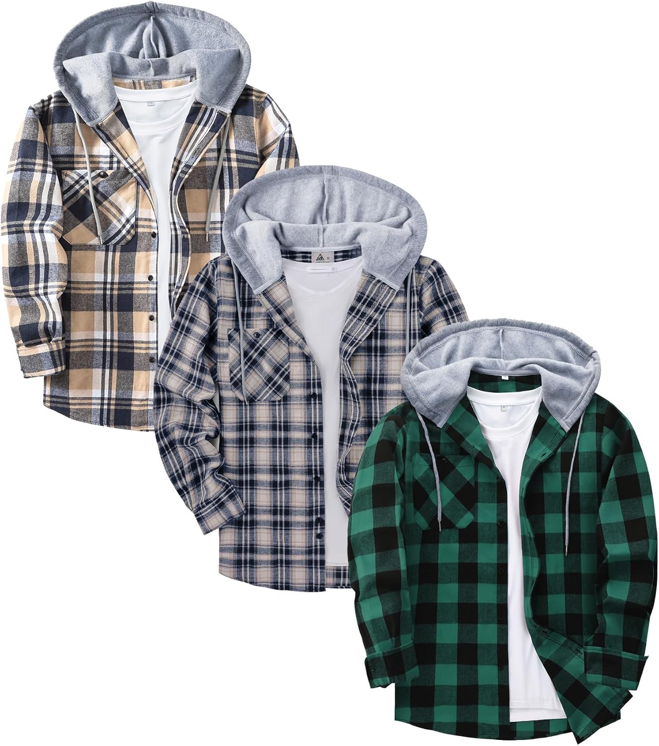 3 Pack Men's Flannel Hoodie Shirts Long Sleeve