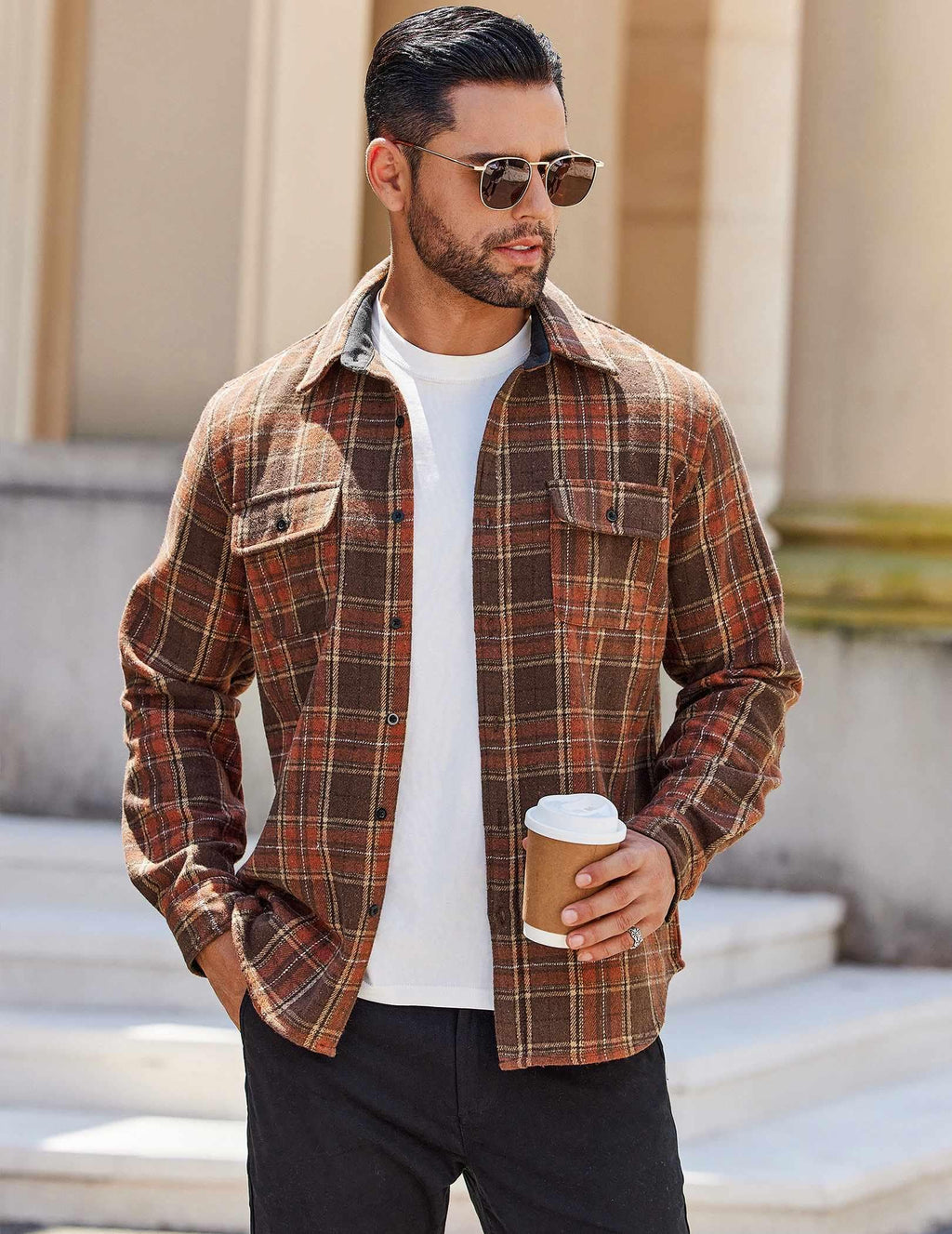 Mens Long Sleeve Flannel Shirt Cotton Plaid Casual Button Down Top