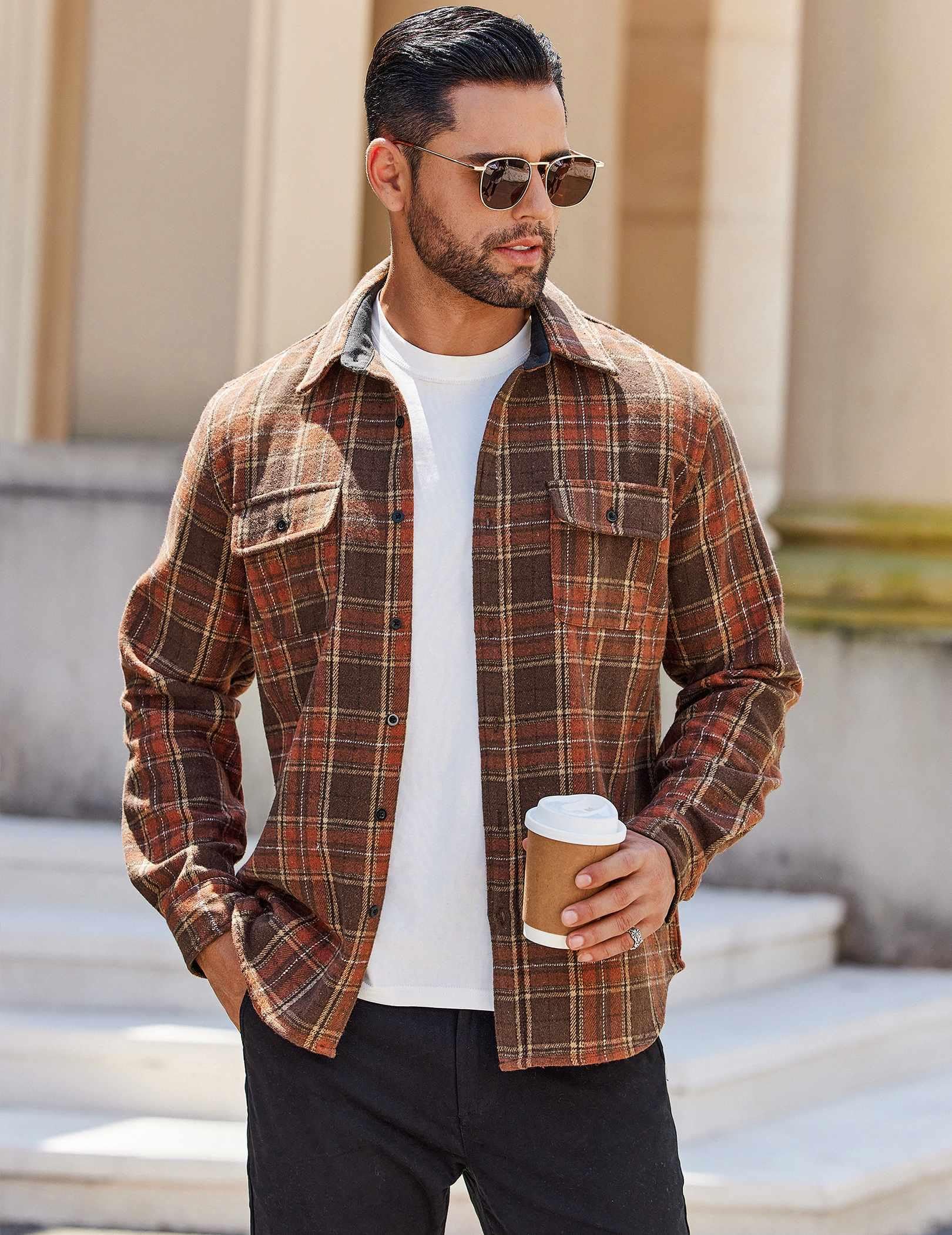 Mens Long Sleeve Flannel Shirt Cotton Plaid Casual Button Down Top