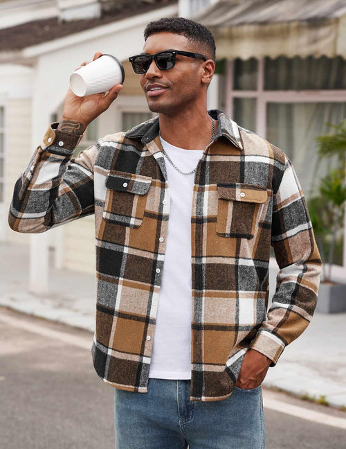 Men's Plaid Flannel Shirt Jacket Long Sleeve Cotton Button Down with Pockets