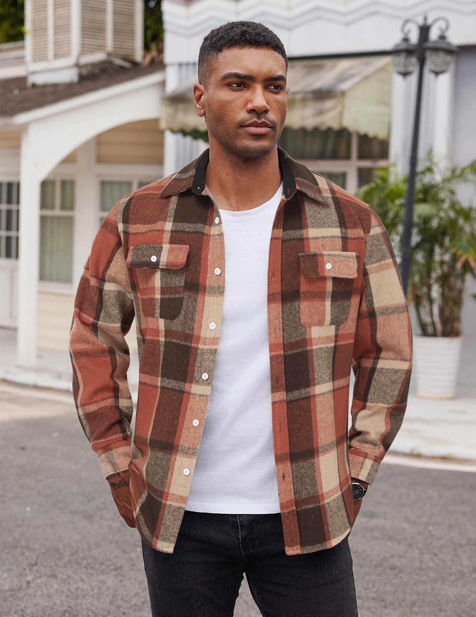 Mens Long Sleeve Cotton Flannel Plaid Shirt Casual Button Down