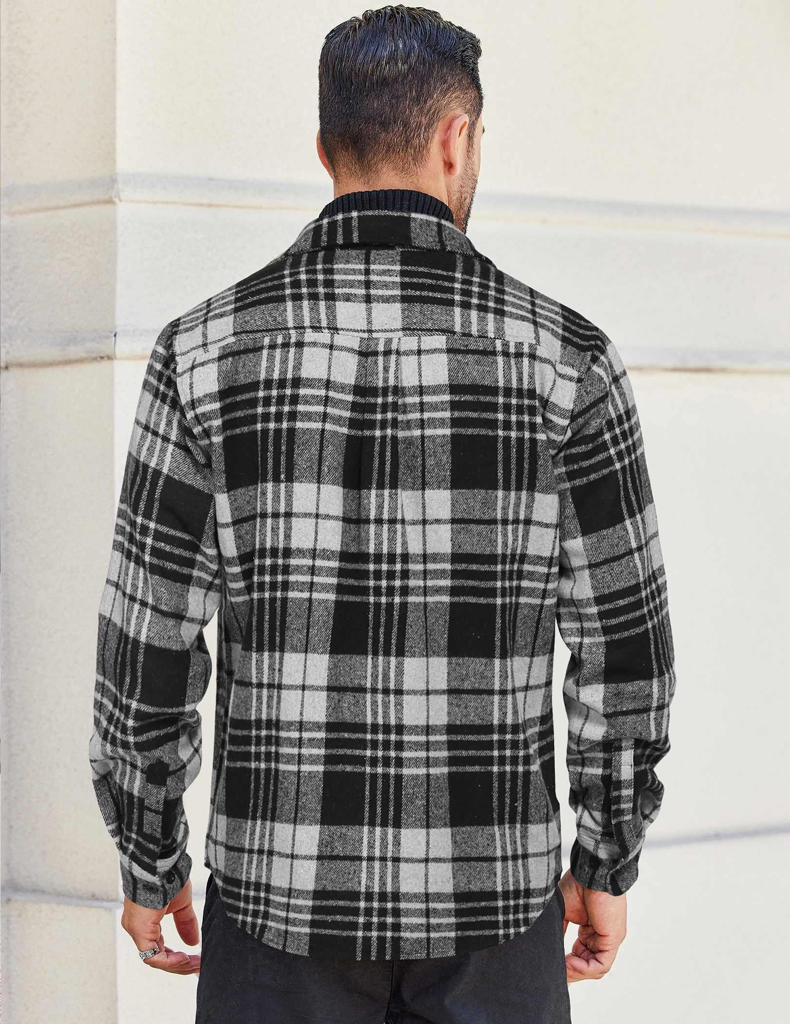 Mens Long Sleeve Flannel Shirt Cotton Plaid Casual Button Down Shirt With Pockets