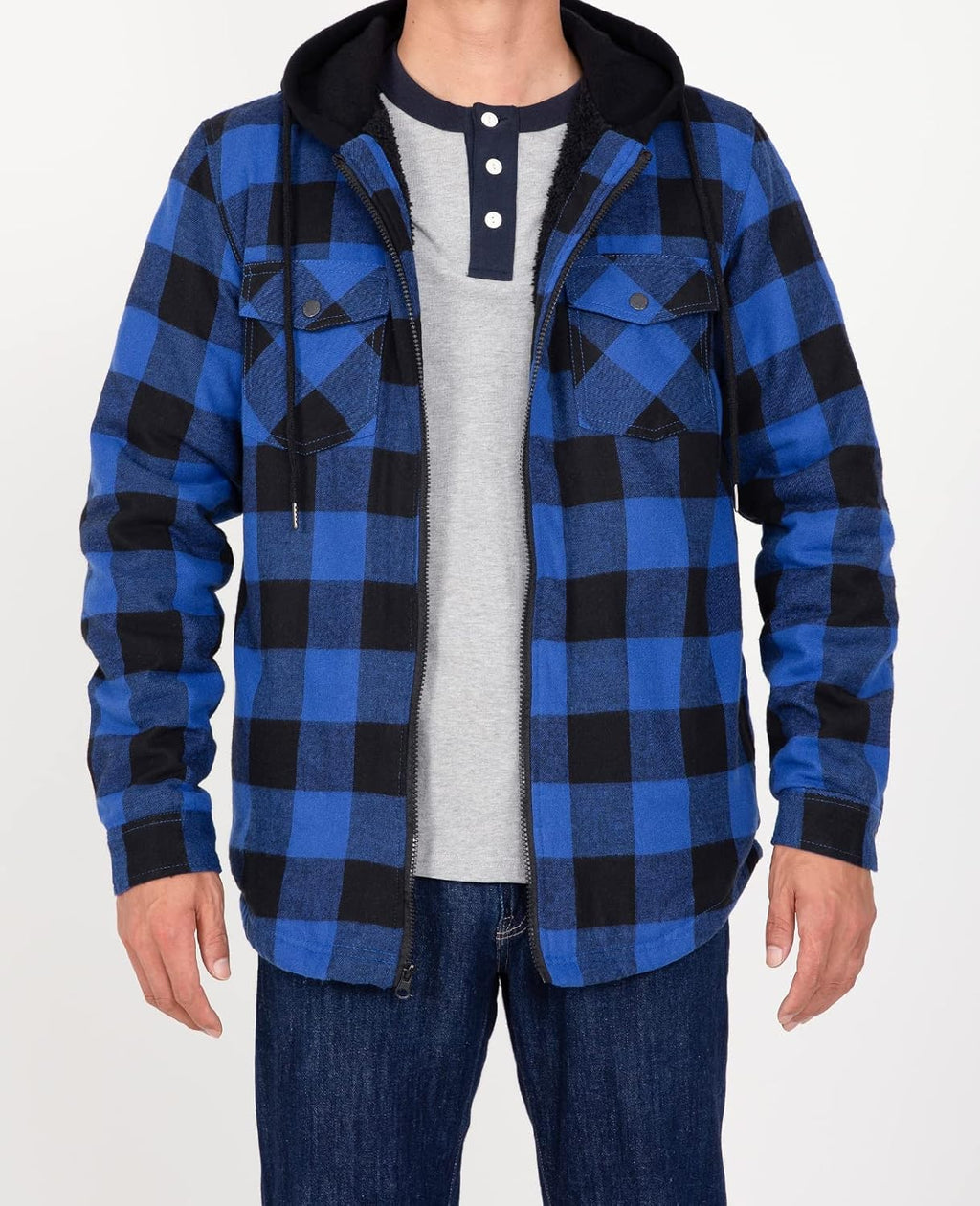 Men's Sherpa Lined Full Zip Hooded Plaid Shirt Jacket