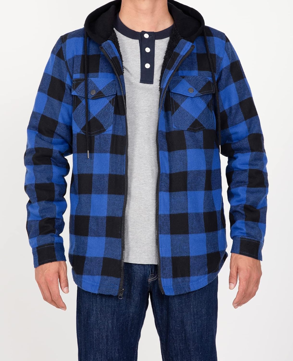 Men's Sherpa Lined Full Zip Hooded Plaid Shirt Jacket