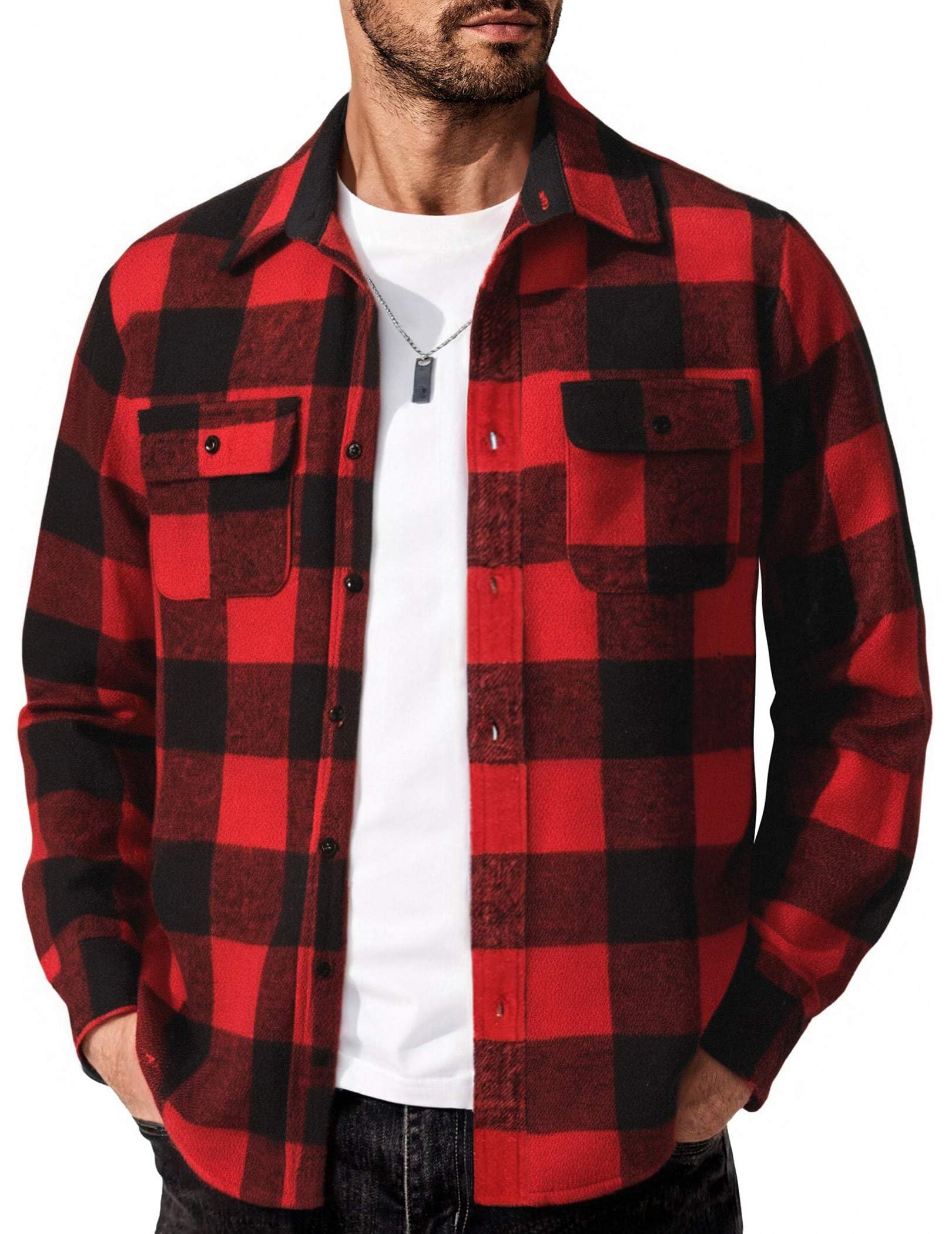 Mens Cotton Plaid Flannel Shirt Jacket Long Sleeve Casual Work Shirt
