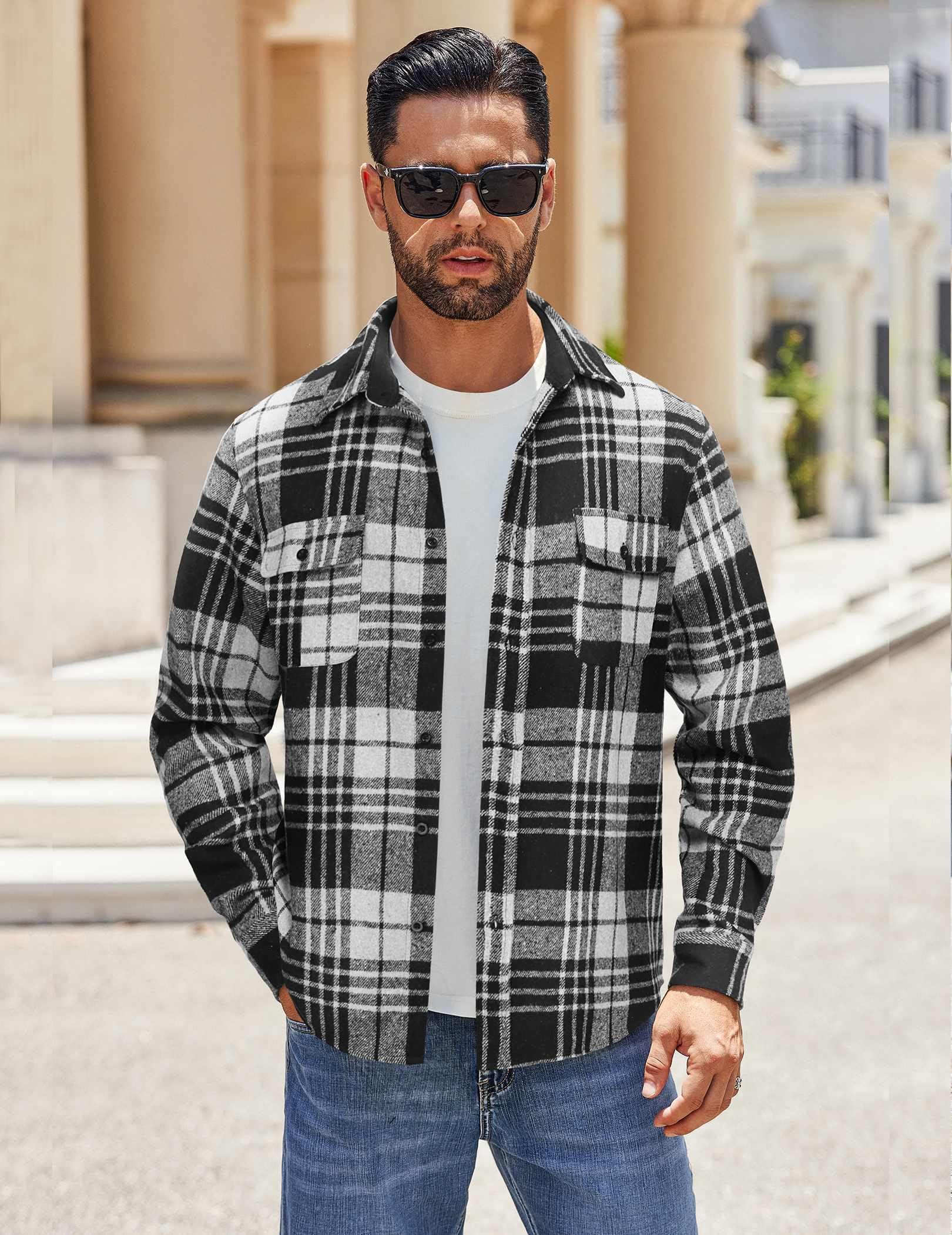 Mens Long Sleeve Flannel Shirt Cotton Plaid Casual Button Down Shirt With Pockets