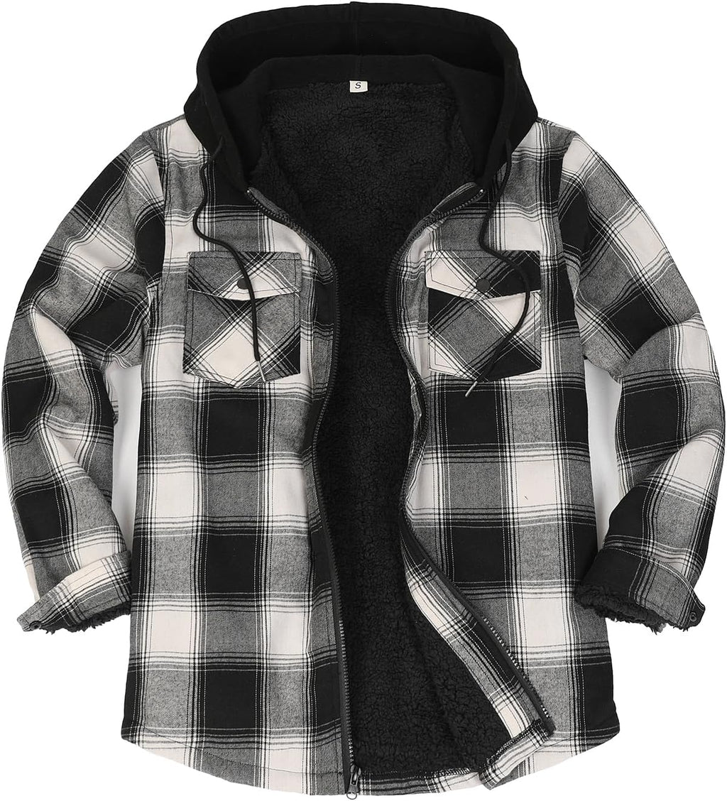 Men's Sherpa Lined Full Zip Hooded Plaid Shirt Jacket