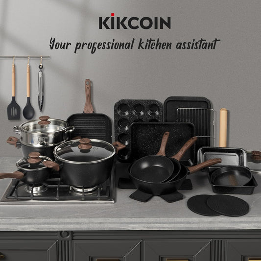 31 Piece Non Stick Pots and Pans Cookware Set with Grill Pan Saucepan and Utensils