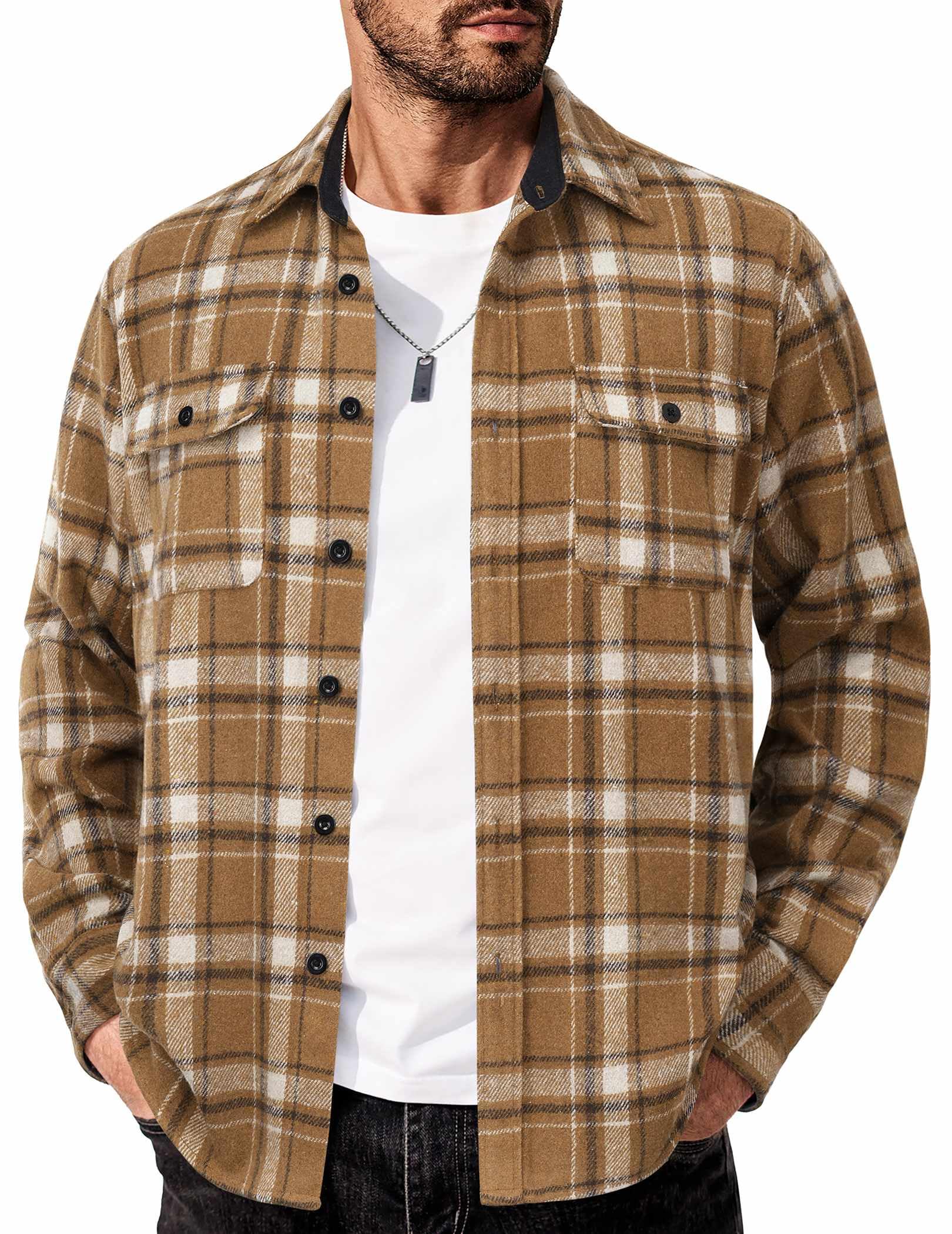 Mens Cotton Plaid Flannel Shirt Long Sleeve Casual Shirt Jacket With Pockets