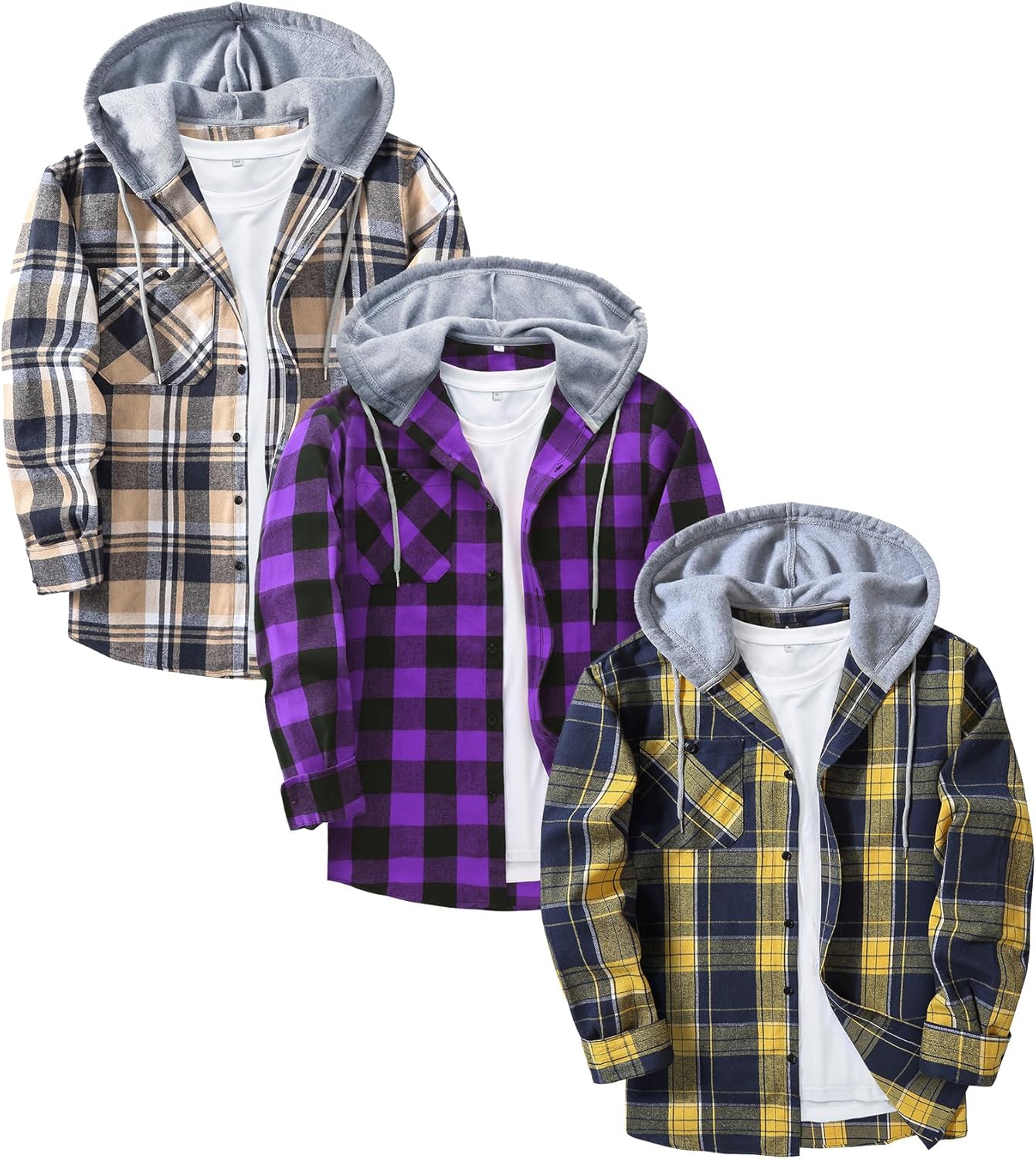3 Pack Men's Flannel Hoodie Shirts Long Sleeve