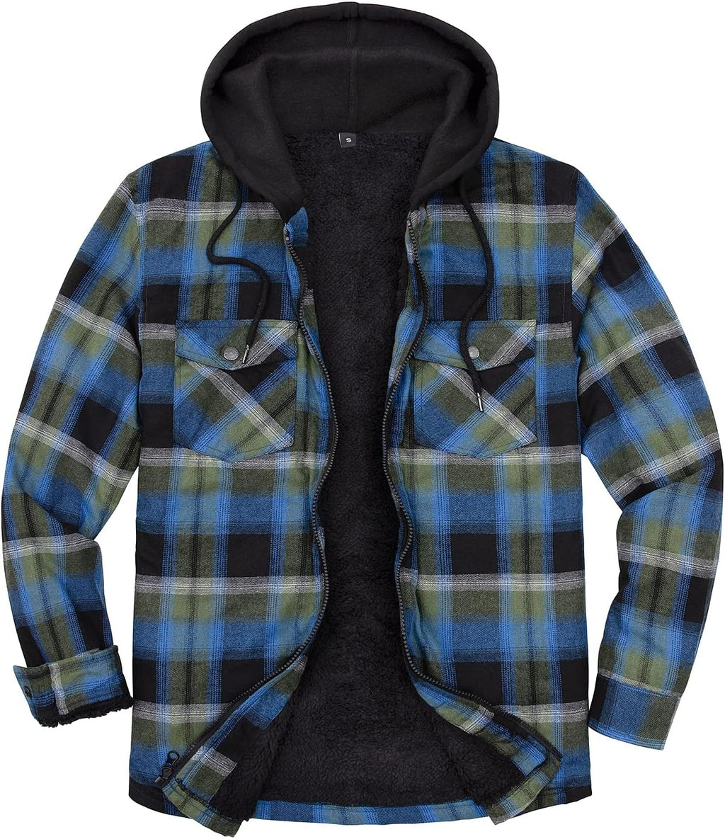 Men's Sherpa Lined Full Zip Hooded Plaid Shirt Jacket