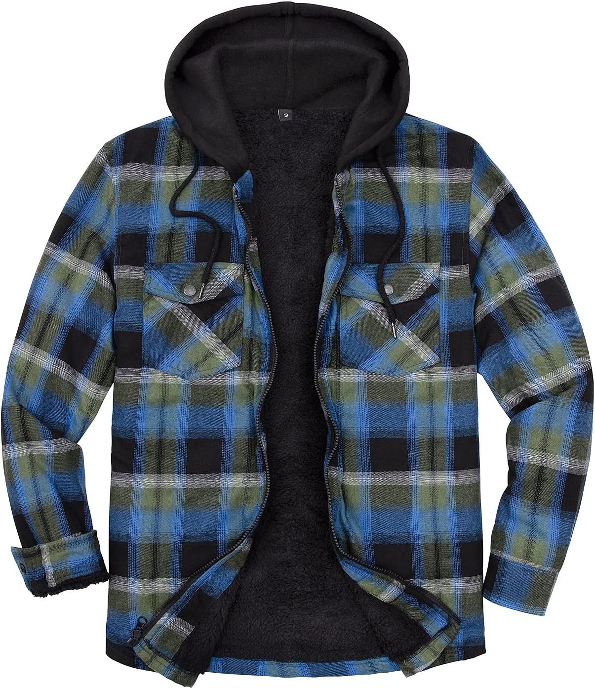 Men's Sherpa Lined Full Zip Hooded Plaid Shirt Jacket