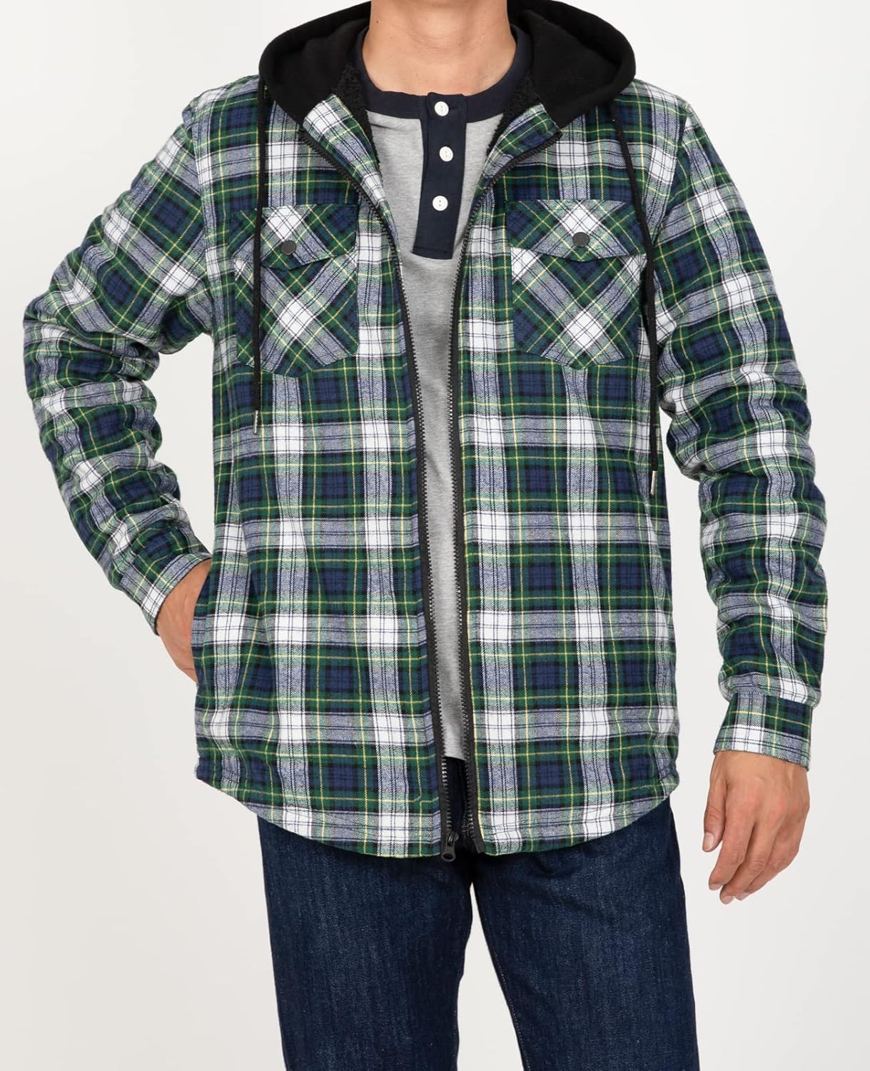 Men's Sherpa Lined Full Zip Hooded Plaid Shirt Jacket