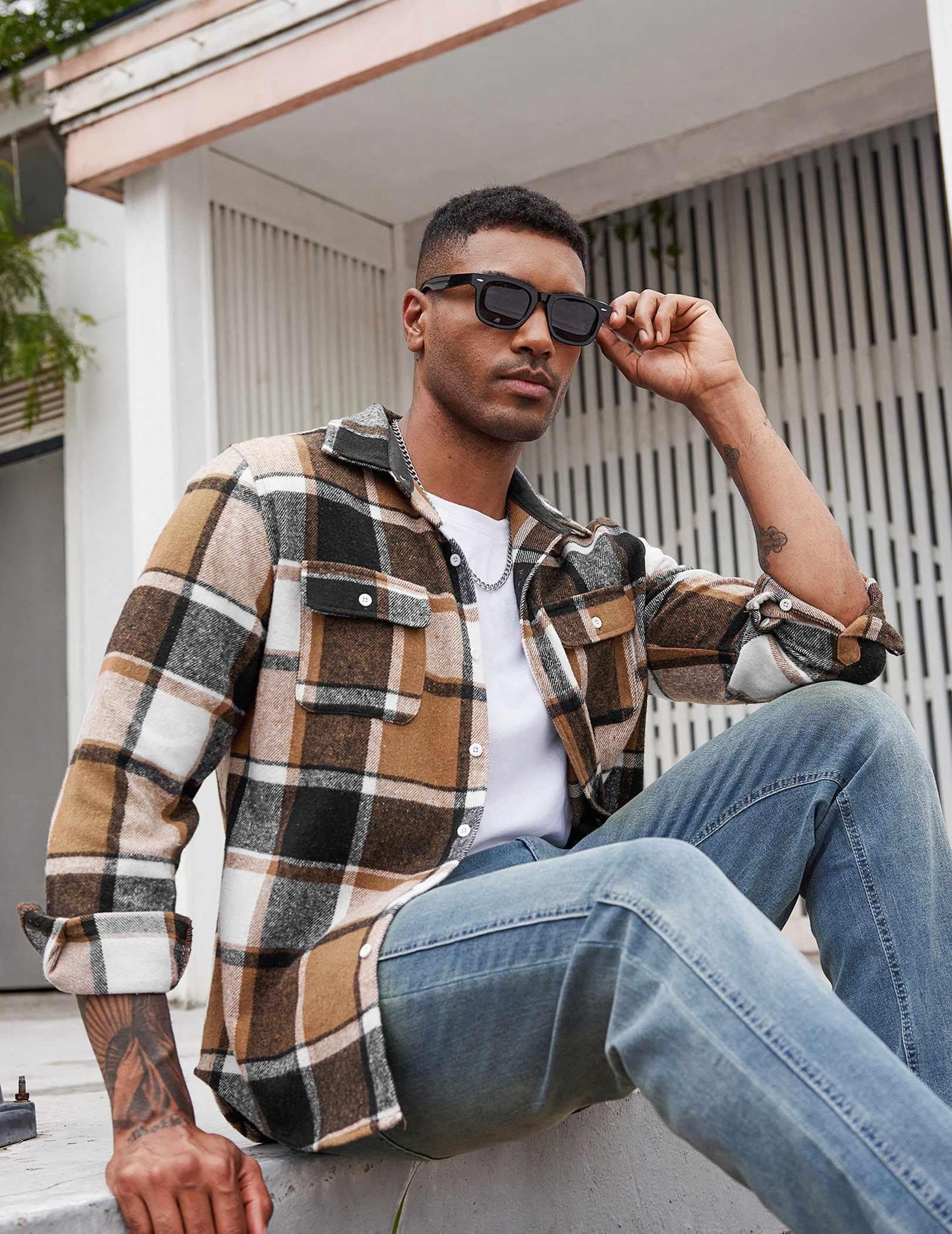 Men's Plaid Flannel Shirt Jacket Long Sleeve Cotton Button Down with Pockets