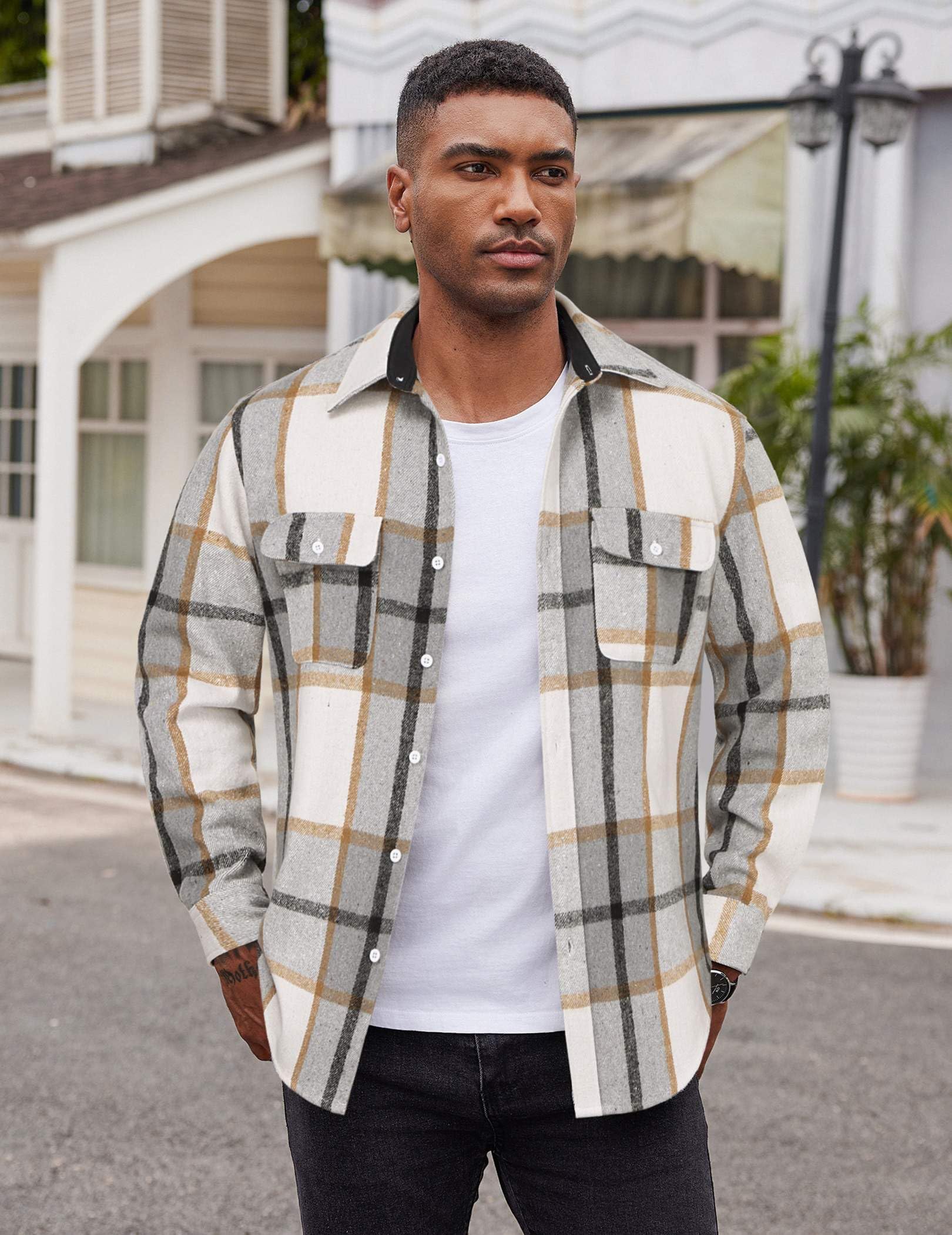 Mens Plaid Flannel Shirt Cotton Long Sleeve Button Down Casual Top