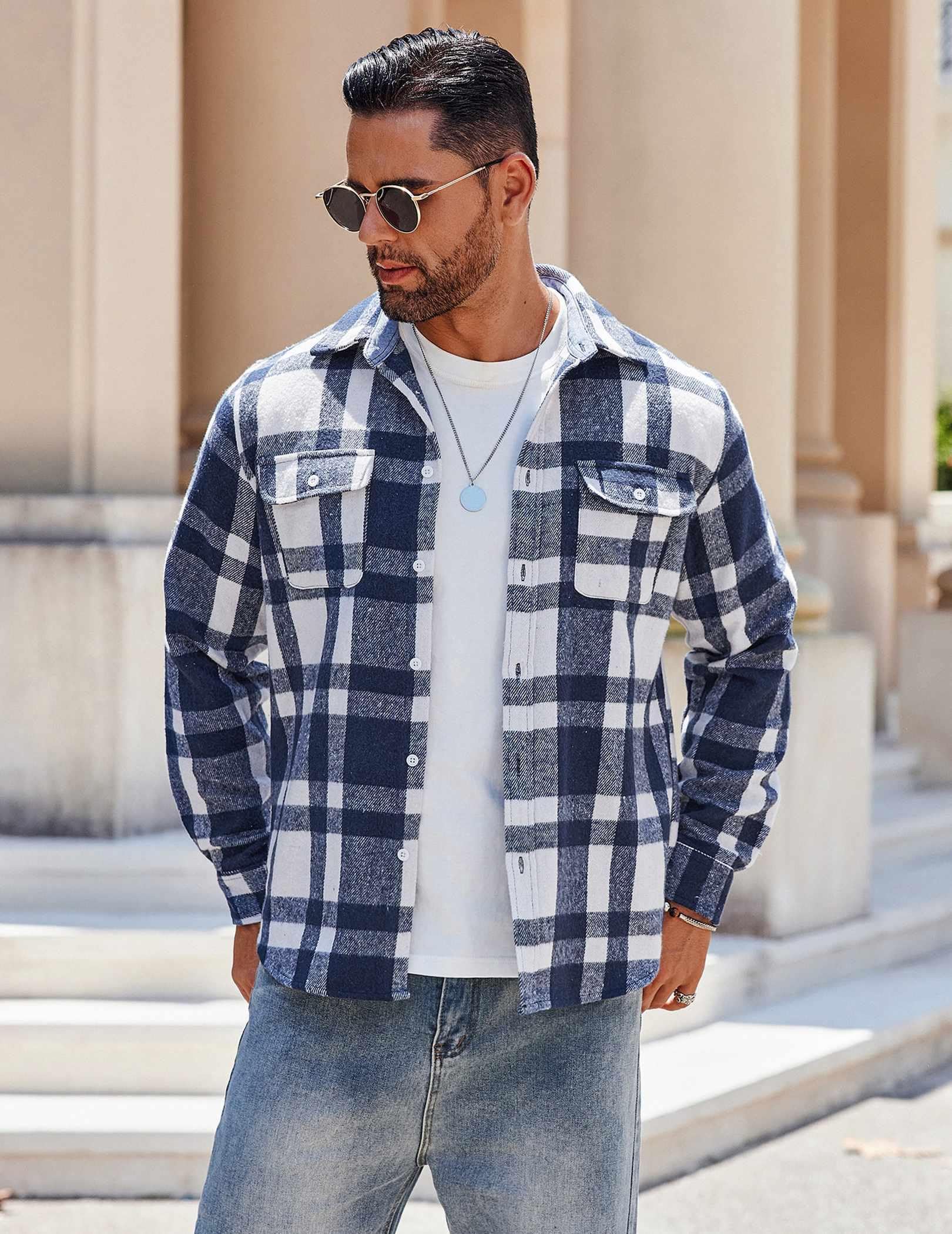 Mens Plaid Cotton Flannel Long Sleeve Shirt Jacket Casual Wear