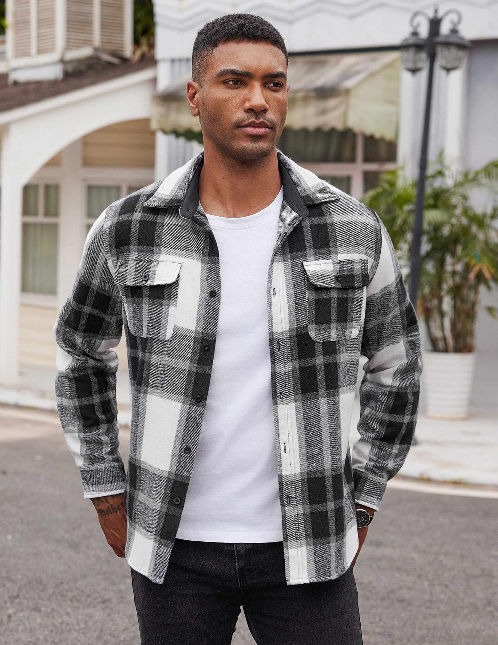 Mens Cotton Plaid Flannel Shirt Long Sleeve Casual Button Down Shirt Jacket