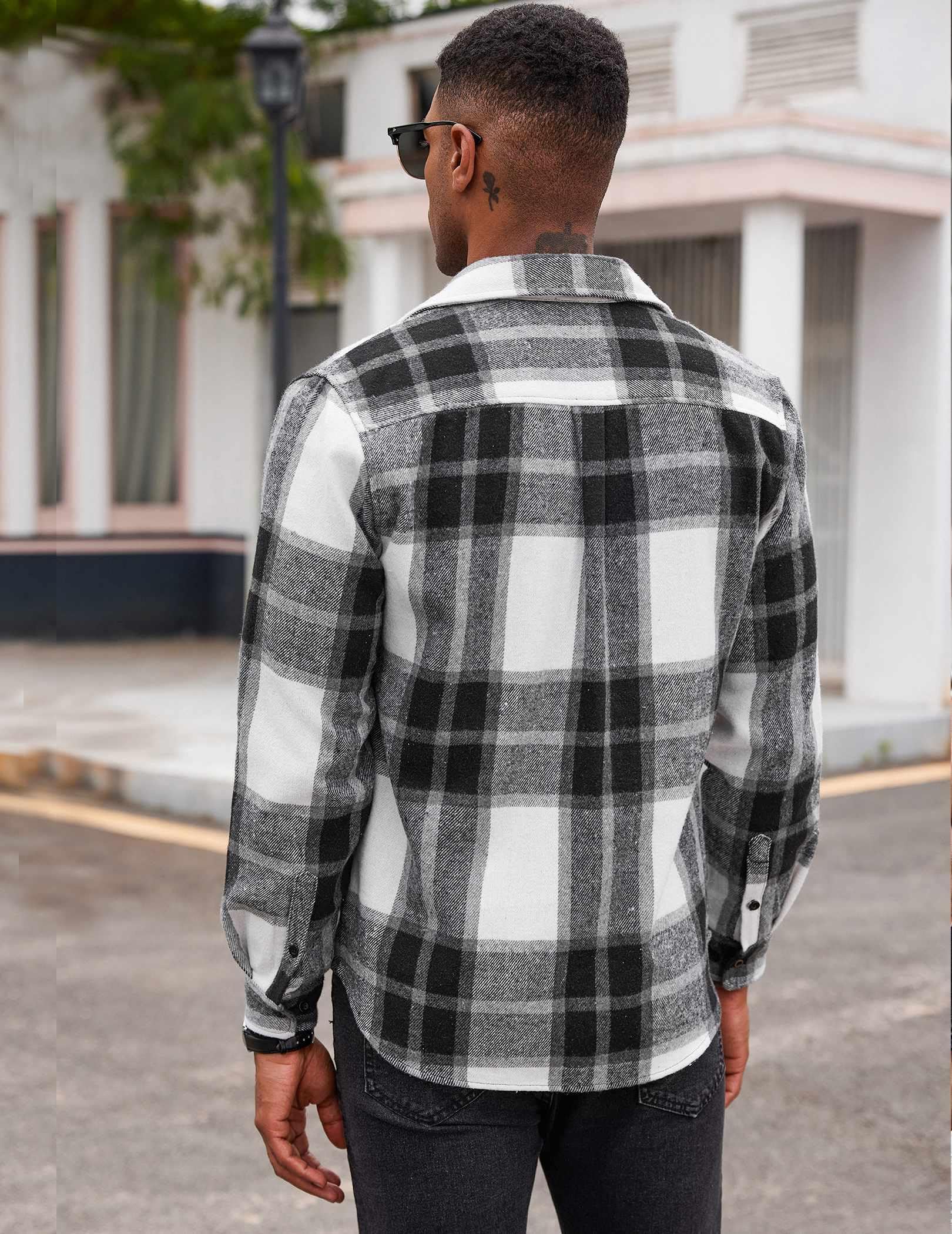 Mens Cotton Plaid Flannel Shirt Long Sleeve Casual Button Down Shirt Jacket