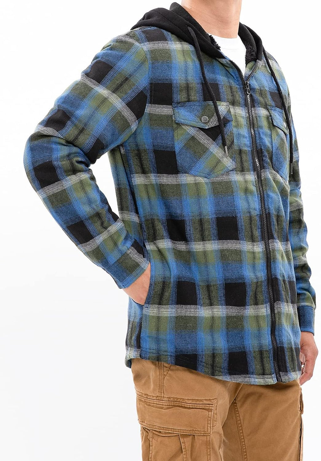 Men's Sherpa Lined Full Zip Hooded Plaid Shirt Jacket