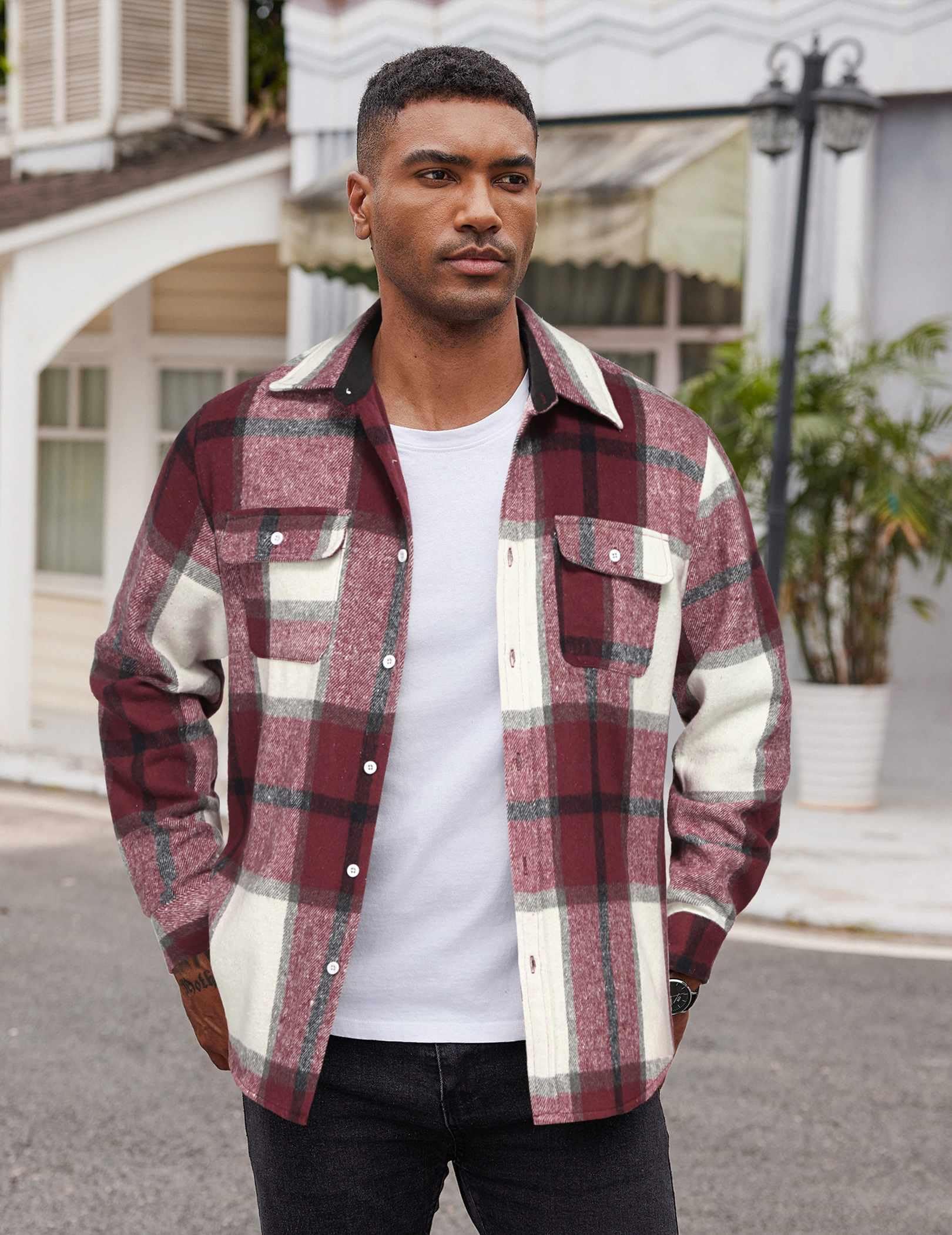 Mens Plaid Flannel Shirt Jacket Cotton Long Sleeve Casual Button Down Shirt