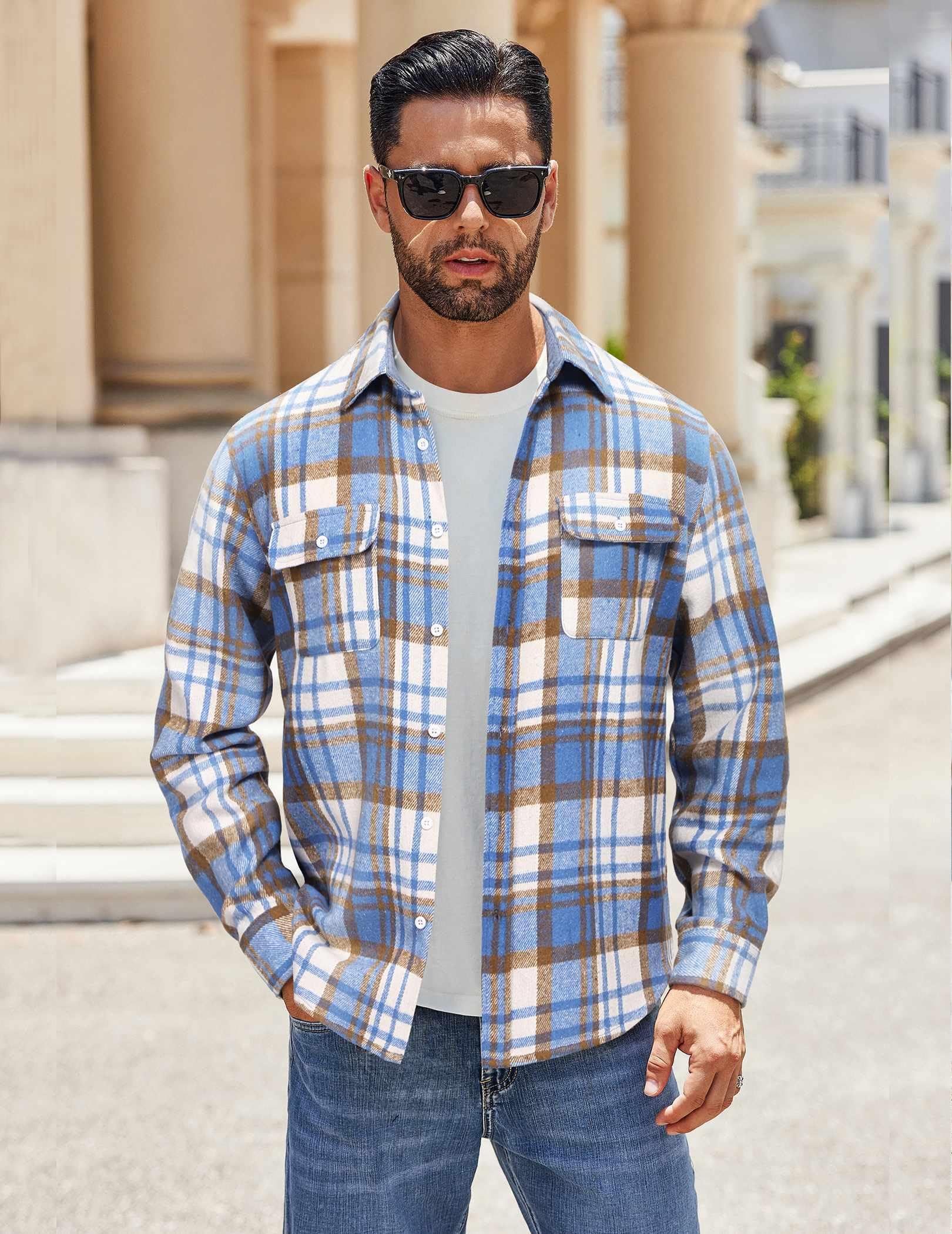 Mens Casual Plaid Flannel Shirt Cotton Long Sleeve Button Down Shirt With Pockets