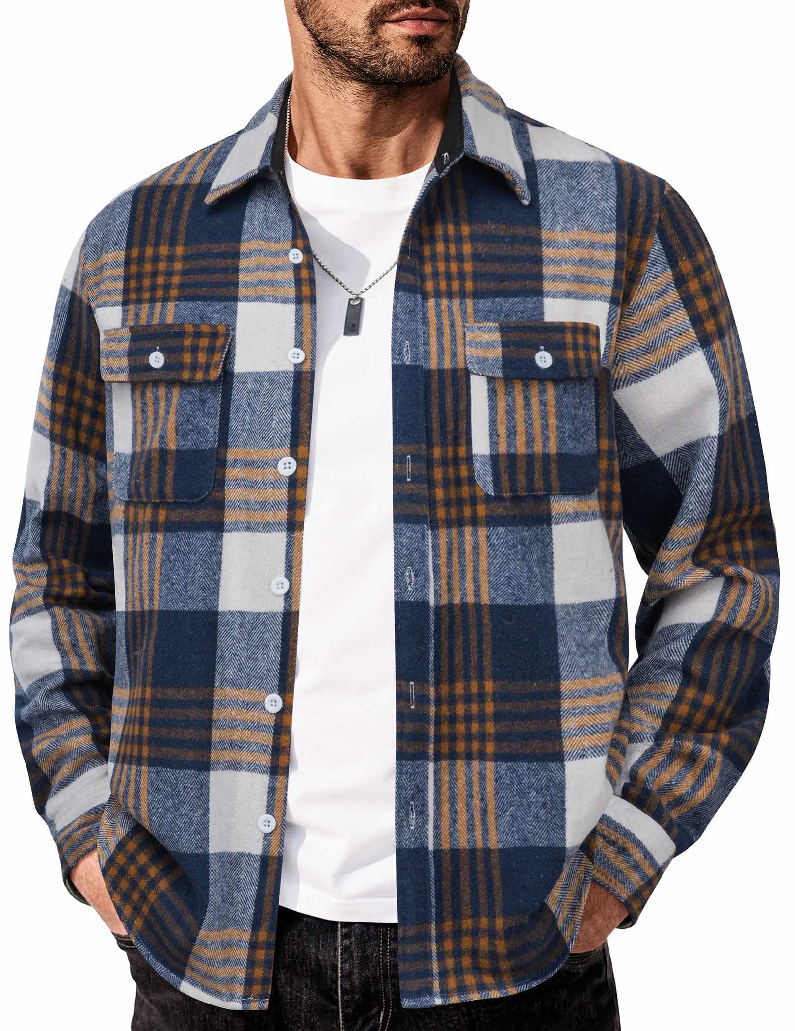 Mens Cotton Flannel Shirt Long Sleeve Plaid Button Down Casual Shirt Jacket