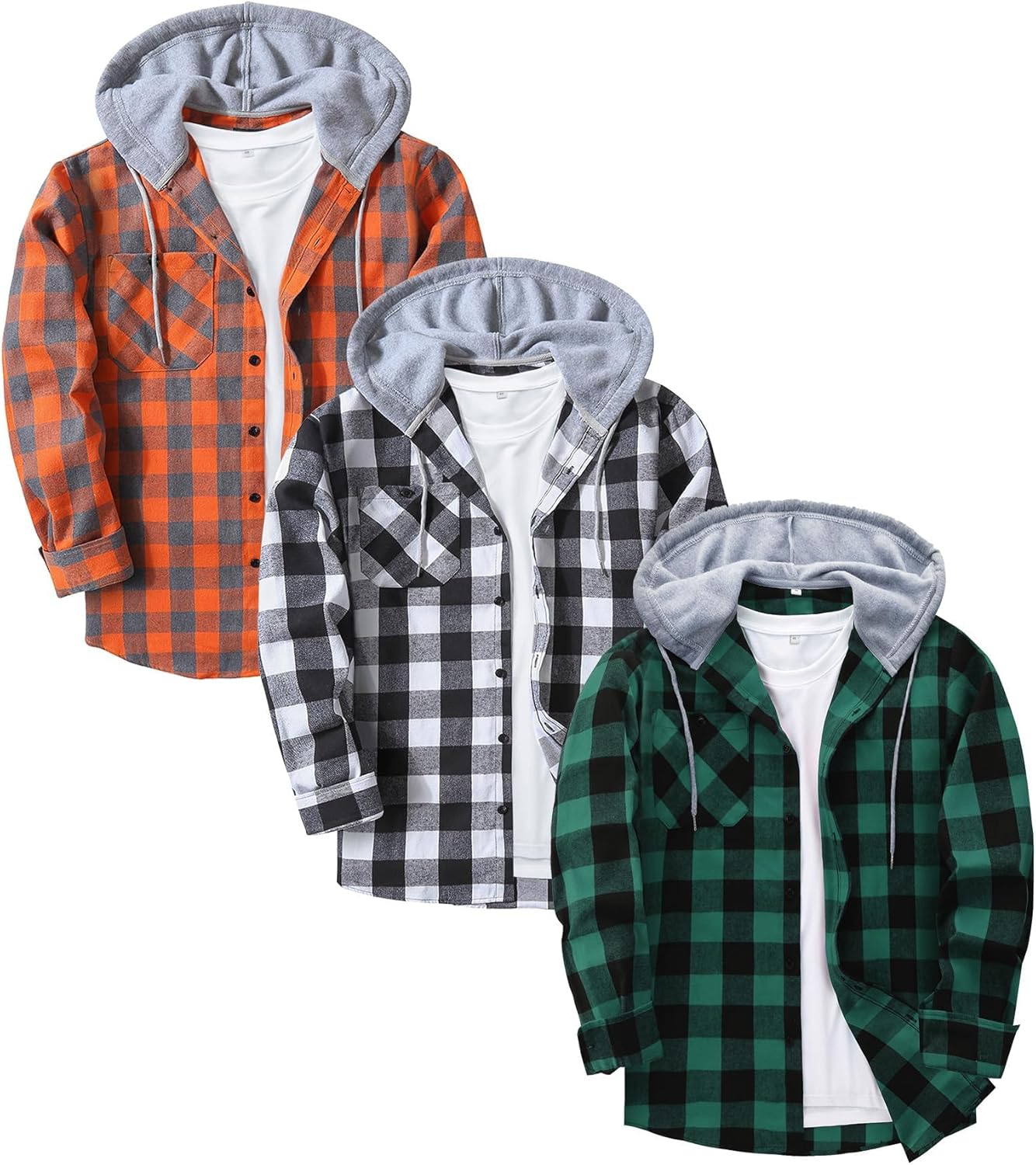 3 Pack Men's Flannel Hoodie Shirts Long Sleeve