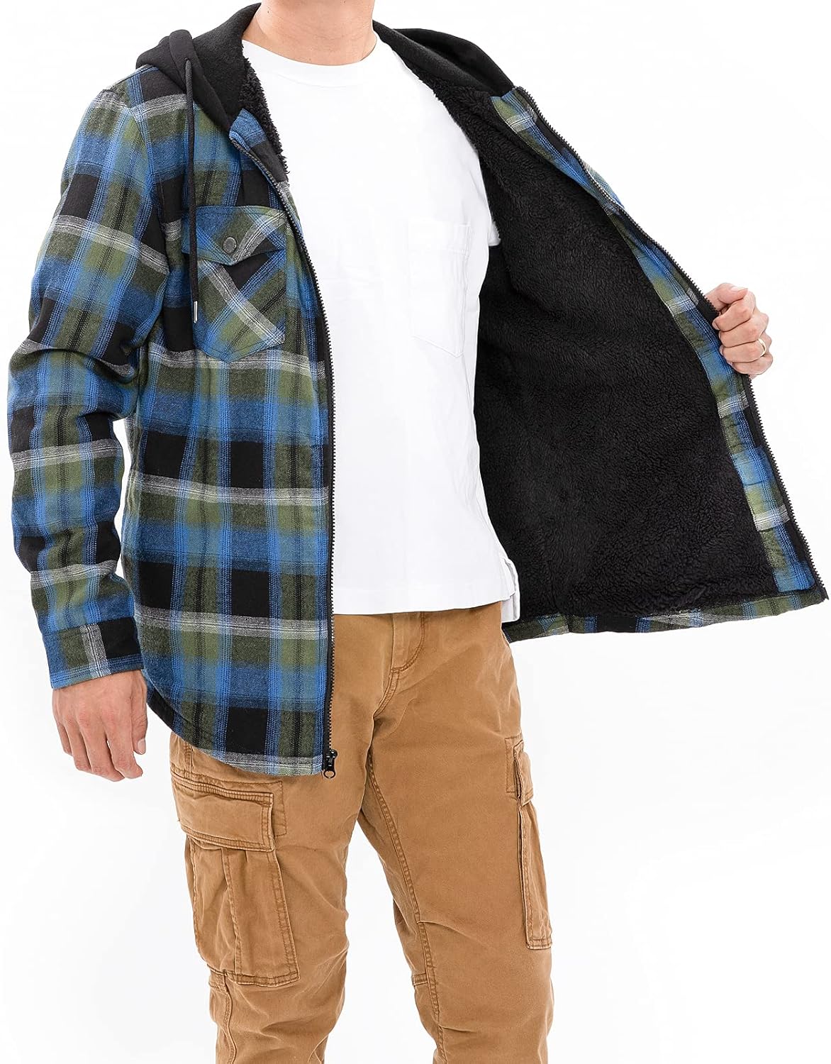 Men's Sherpa Lined Full Zip Hooded Plaid Shirt Jacket