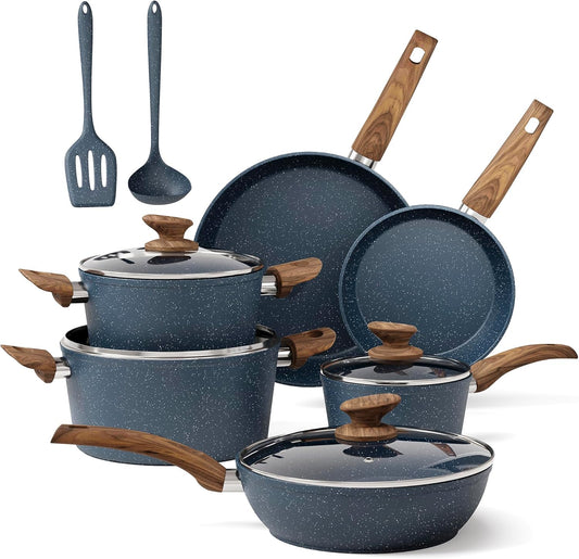 12 Piece Green Granite Nonstick Pots and Pans Set Induction Compatible Cookware