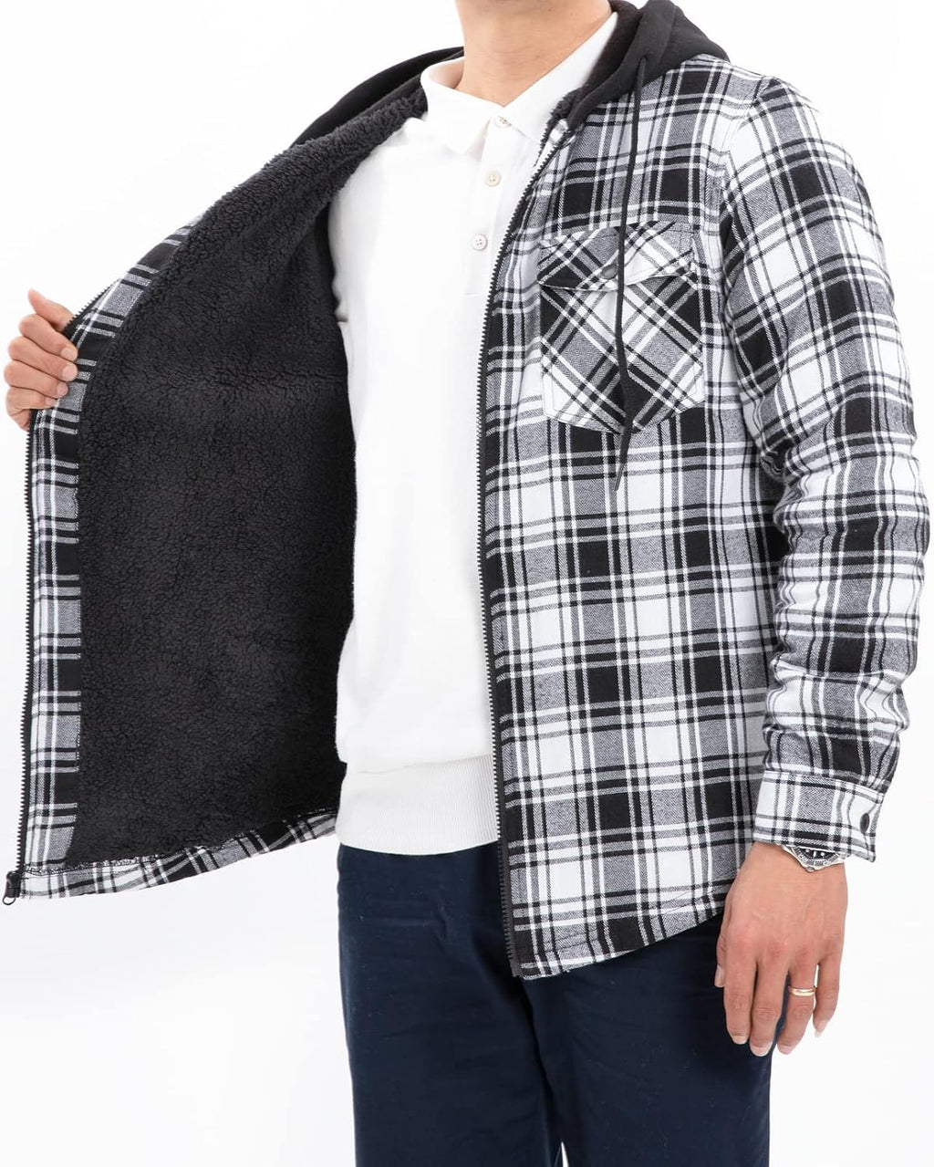 Men's Sherpa Lined Full Zip Hooded Plaid Shirt Jacket