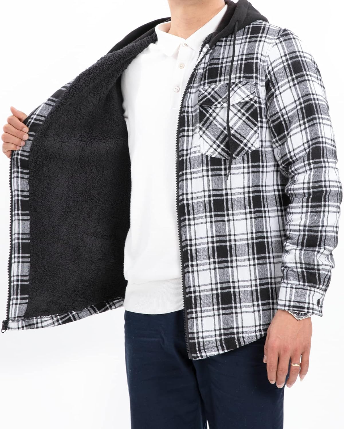 Men's Sherpa Lined Full Zip Hooded Plaid Shirt Jacket