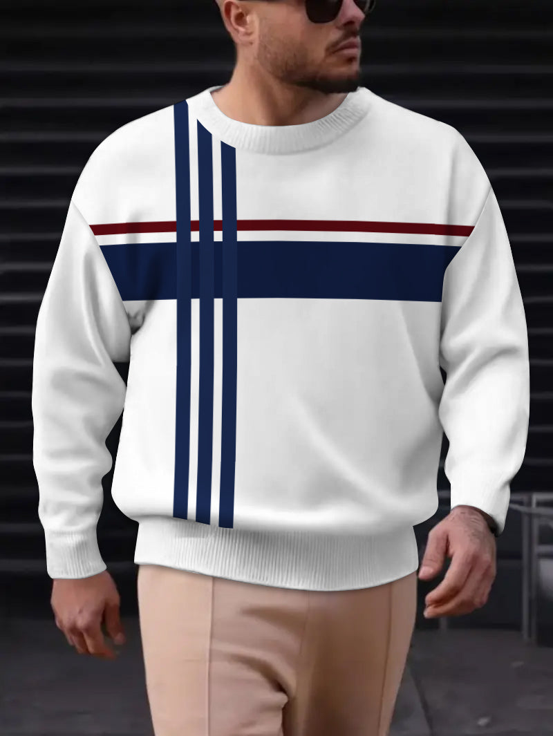 Men's Match Blue Color Printed Long Sleeve Crew-Neck Sweater