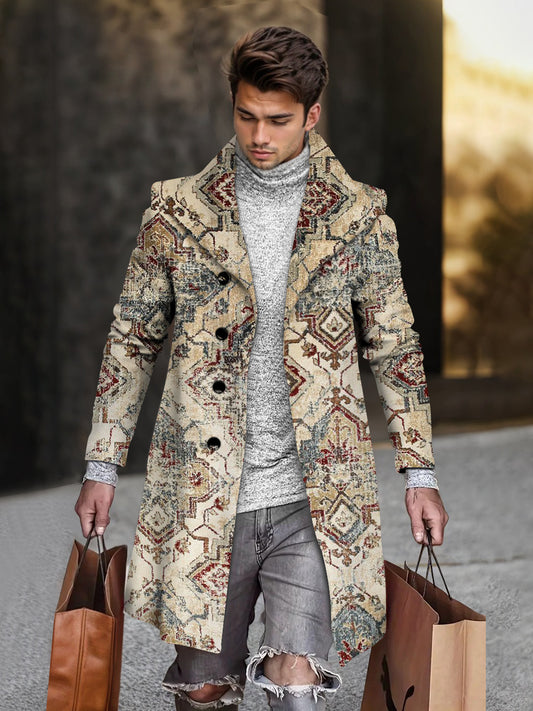 Men's Strip Floral Geometric Print Mid-length Long Sleeve Coat