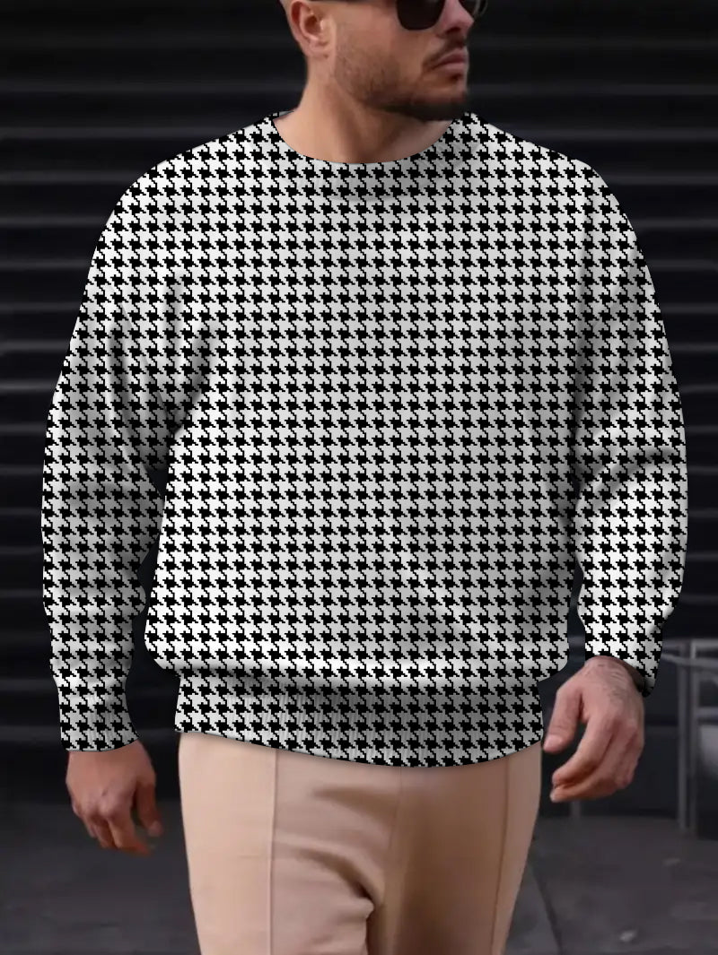 Men's Black White Strip Printed Long Sleeve Crew-Neck Sweater