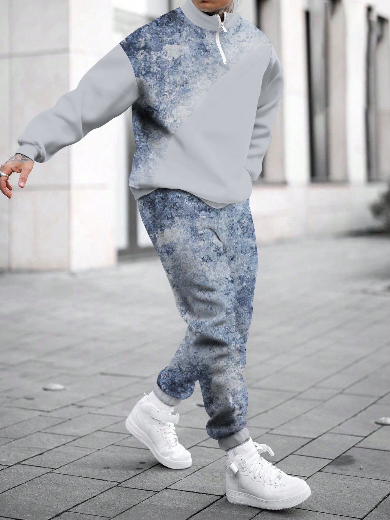 Men's Blue Gradation Printed Long Sleeve Stand Collar Zip-up Sweatshirt Two-Piece Set