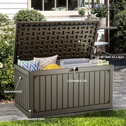 100 Gallon Resin Deck Box Weather Resistant Lockable Outdoor Storage Taupe