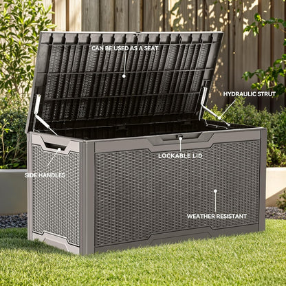 100 Gallon Resin Deck Box Weather Resistant Lockable Outdoor Storage Taupe