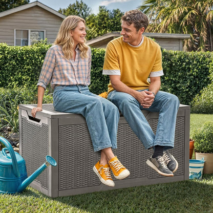 100 Gallon Resin Deck Box Weather Resistant Lockable Outdoor Storage Taupe