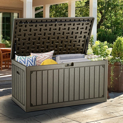 100 Gallon Resin Deck Box Weather Resistant Lockable Outdoor Storage Taupe