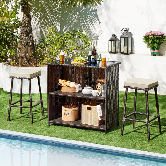 3 Piece Outdoor Wicker Bar Set with Glass Table Stools and Cushions Brown