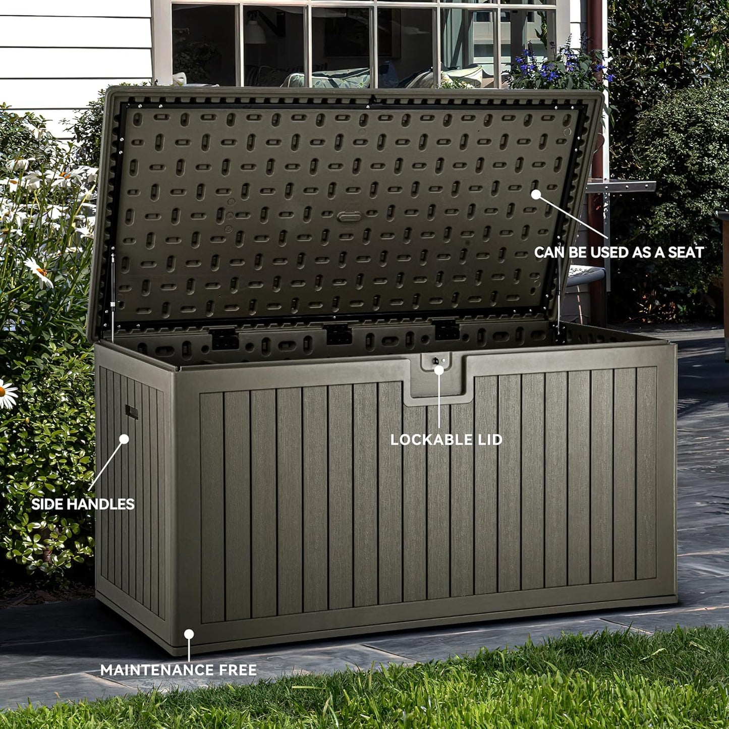 100 Gallon Resin Deck Box Weather Resistant Lockable Outdoor Storage Taupe