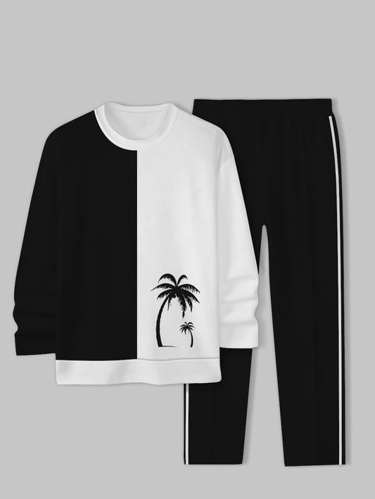 Men's Coconut Tree Printed Long Sleeve Crew-Neck Sweatshirt Two-Piece Set