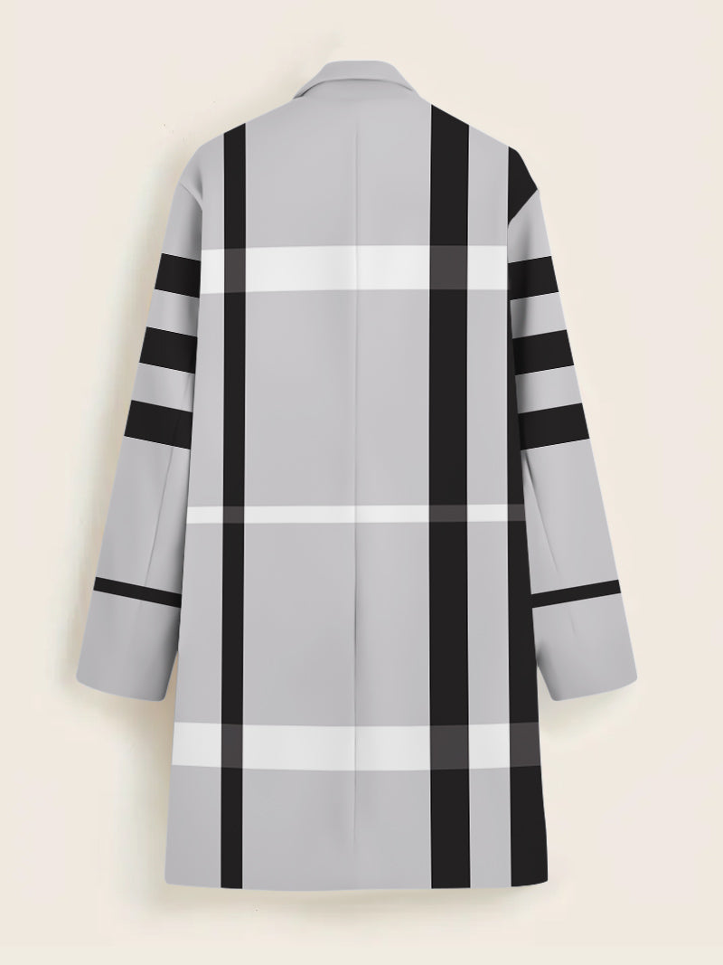 Men's Contrast Strip Color Grey Geometric Print Mid-length Coat