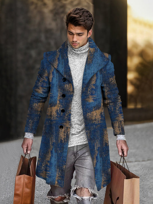 Men's Mix Color Blue Print Mid-length Coat