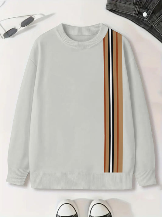 Men's Stand Drawing Strip Crew Neck Cotton Sweater for Winter