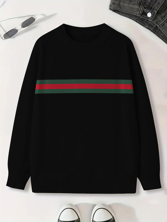 Men's Red Strip Color Printed Long Sleeve Crew-Neck Sweater